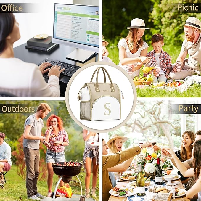 Personalized Lunch Box for Women, Reusable Insulated Lunch Bag, Wide-Open Adult Lunchbox Cooler Lunchbag Snack Organizer, Initial Leakproof Lunch Tote Bag for Picnic Work Outdoors, C