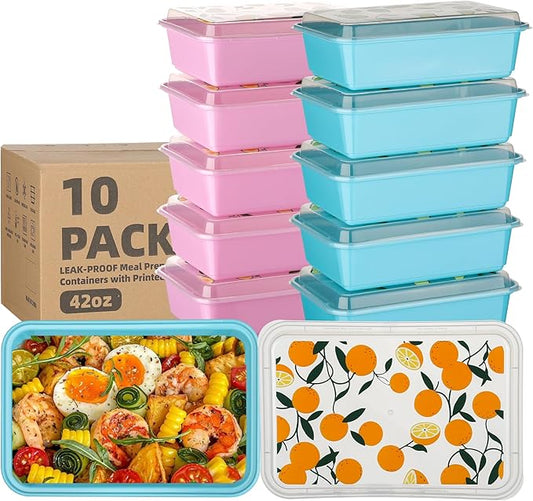 10 Pack 42 oz Meal Prep Containers, Reusable Plastic Food Prep Storage Containers with Printed Lids, Stackable, Leakproof, Microwave & Freezer & Dishwasher Safe,To Go Take Out Box, Orange