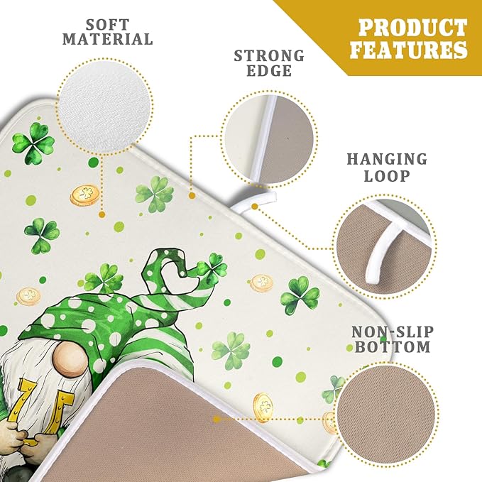 St Patrick's Day Gnome Dish Drying Mat 16x18 inch Lucky Shamrock Absorbent Reversible Dishes Drainer Rack Mat for Coffee Bar Kitchen Decor
