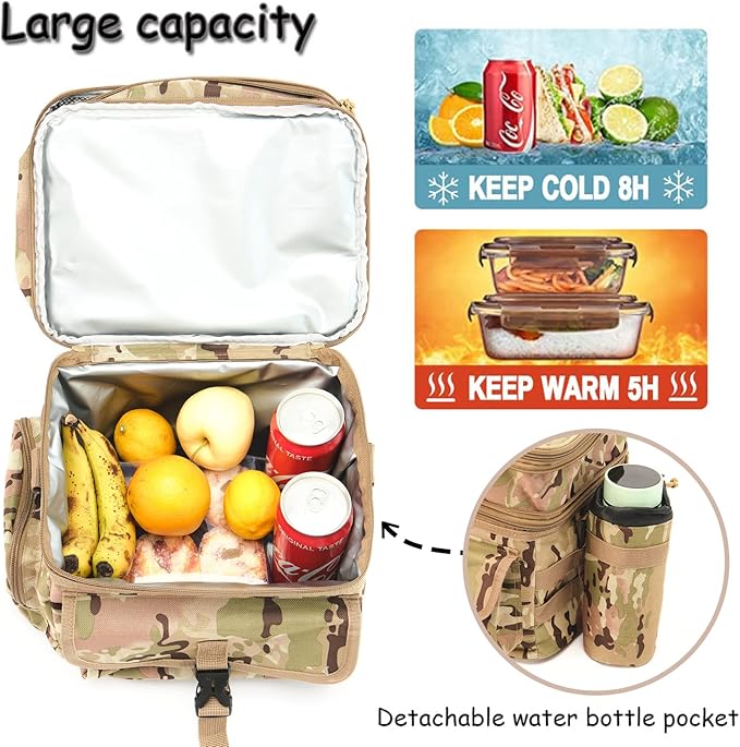 Tactical Lunch Bag for Men Expandable Double Deck Insulated Lunch Box Leakproof Large Capacity Thermal Cooler Bag with MOLLE Water Bottle Pouch for Adults for Work Picnic Camping（Camouflage）