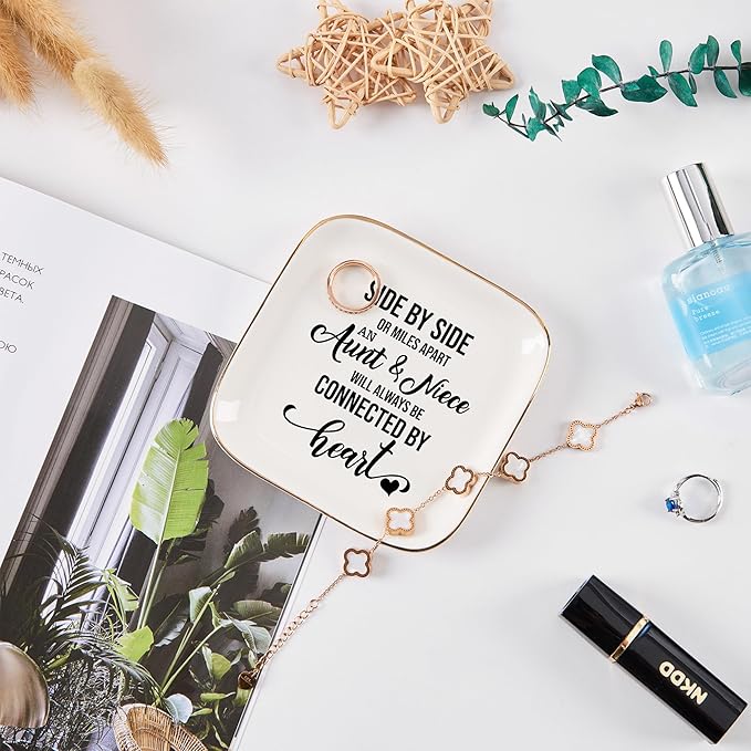 Aunt & Niece Ring Trinket Dish - Connected By Heart, Birthday Christmas Valentines Mother's Day Gift, White