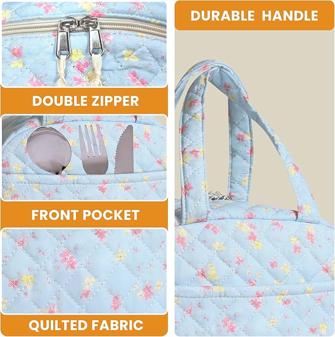 Quilted Lunch Box for Women,Insulated Cute Reusable Lunch Bag with Front Pocket,Pink Flower Stylish Lunch Tote Bag for Work, Office,Picnic, Travel,School (pink yellow floral)
