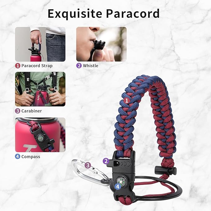 Trebo 32oz Water Bottle Insulated with Paracord Handle and Straw,Vacuum Double Wall Stainless Steel Water Jug Keep Cold 48 Hours, Water Flask with 3 Lids for Men Women Sports,Travel,Ruby Red