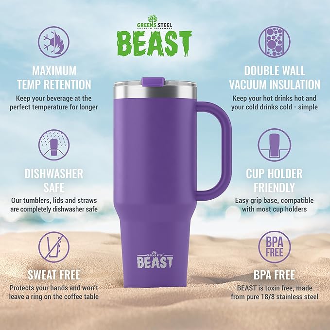 Beast 42 oz Tumbler Stainless Steel Vacuum Insulated Coffee Ice Cup Double Wall Travel Flask (Deep Purple)
