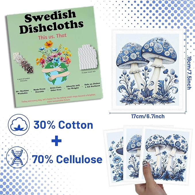 Blue Mushroom Swedish Dishcloths for Kitchen - 6PCS Mushroom Swedish Cloths for Washing Dishes, Reusable Dish Towels Gift for Home Party Cleaning, Funny Washable Cleaning Sponge Quick Drying
