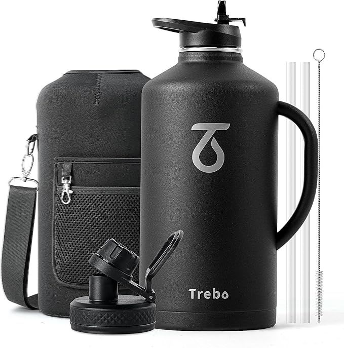 Trebo 128 oz Water Bottle Insulated with Handle, One Gallon Stainless Steel Metal Large Jug, Travel Flask with Straw Spout Lid, Mug Tumbler Cup with Carry Pouch, Keep Cold Hot, Black