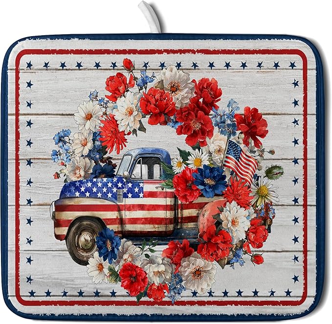 American Flag Dish Drainer Mat Flowers Absorbent Dish Rack Pad for Kitchen Coffee Bar Sinks