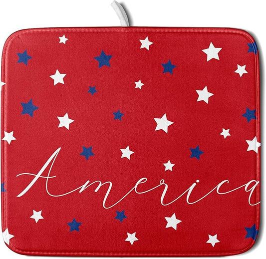 4th of July Dish Drying Mats for Kitchen Counter 16×18 Inch Patriotic Red Small Microfiber Drying Mat Kitchen Accessories Dish Rack Mat Drainer Pad Washable Absorbent