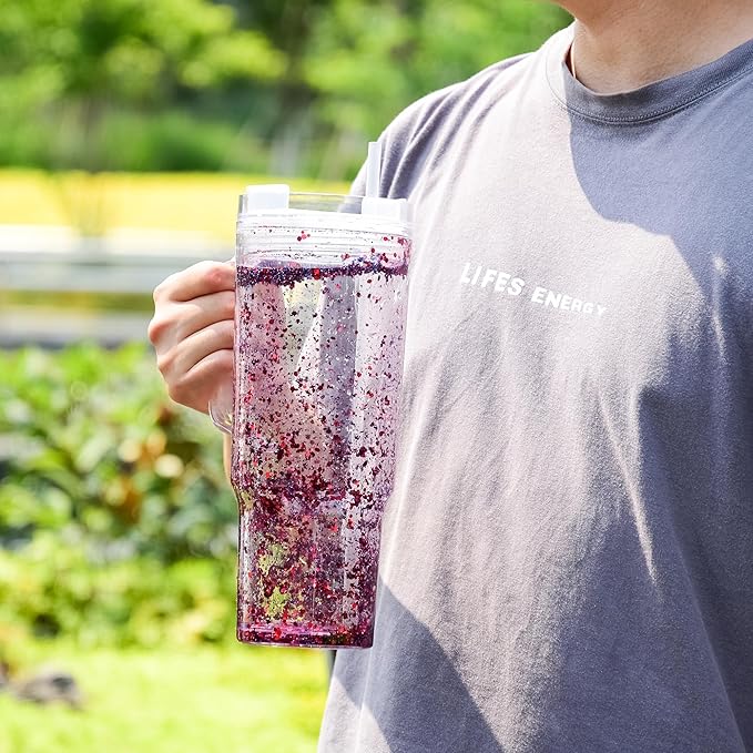 AGH 40 oz Snow Globe Tumbler with Handle,4 Pack Pre-Drilled Double Wall Vacuum Reusable plastic Water Bottle for DIY