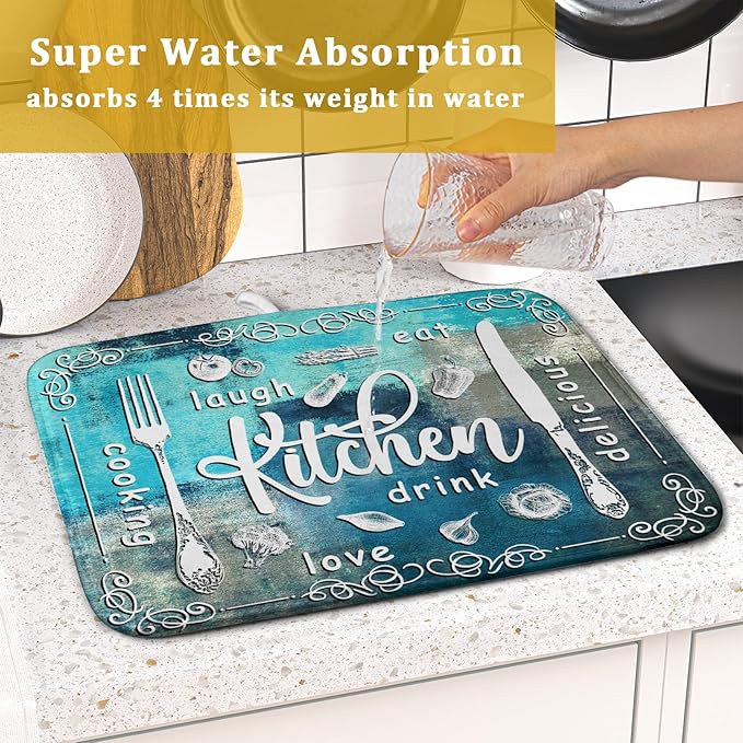 Blue Grey Dish Drying Mat 16x18 Inch Cooking Delicious Absorbent Drying Pad Heat Resistant Dish Drainer Mats for Kitchen Countertop