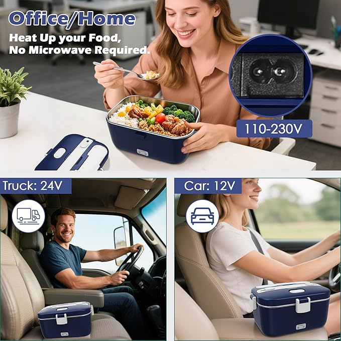 100W Electric Lunch Box Food Heated 12V 24V 110V Fast Food Warmer Heater for Car/Truck/Home Portable Food Heating Boxes with 1.8L 304 SS Container 0.45L Compartment(Royal Blue+White)