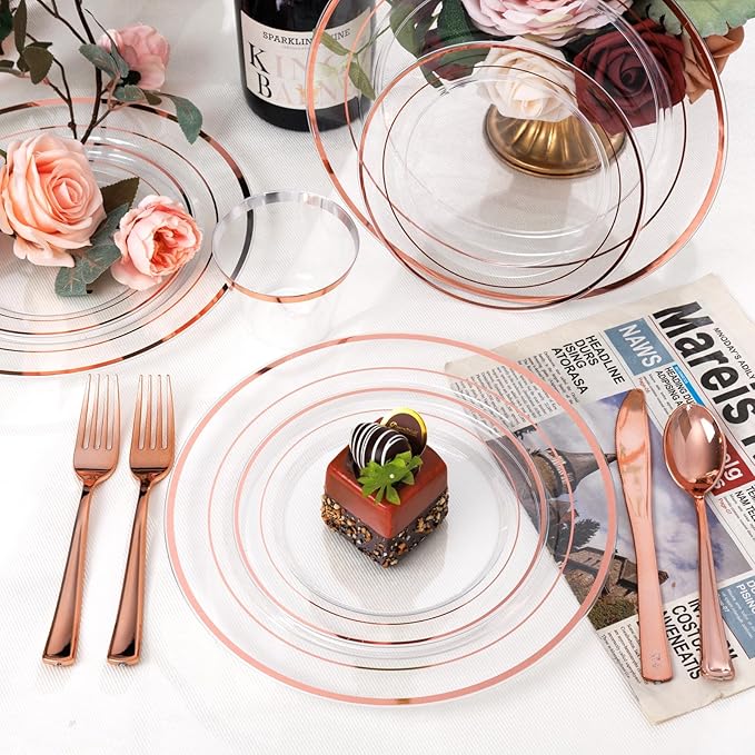 bUCLA 600PCS Clear Rose Gold Plastic Dinnerware Set Disposable - Include 100 Dinner Plates, 100 Dessert Plates, 100 Knives, 100 Forks, 100 Spoons, 100 Cups for Party, Wedding & Mother’s Day