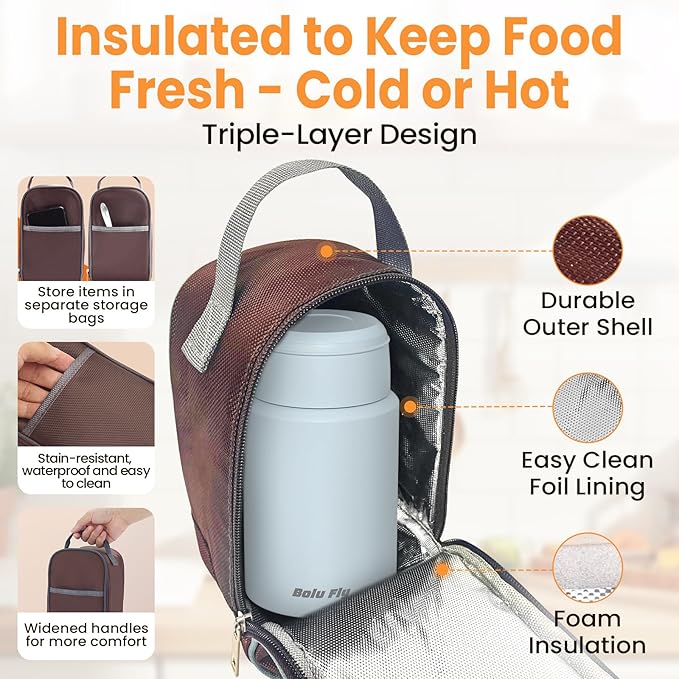 2 Pack Soup Thermo for Hot Food for Adults, Insulated Food Jar, Stainless Steel Vacuum Thermal Lunch Box Containers with Carry Bag and Spoon (18.5oz, 27oz) (Blue)