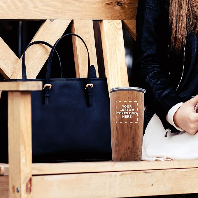 DISCOUNT PROMOS Custom Plastic Tumblers 20 oz. Set of 1, Personalized Bulk Pack - With lids, Ice Coffee Tumbler, To Go Cup, Insulated - Wood