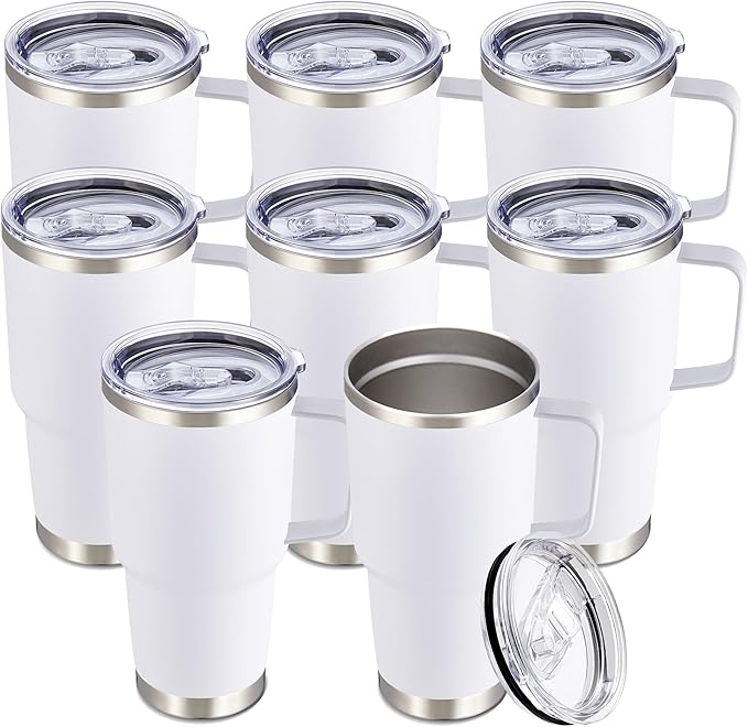 30 oz Tumbler with Handle and Lid, Stainless Steel Tumblers Bulk Double Wall Vacuum Insulated Travel Mug Leak Proof Cup Keep Drinks Cold and Hot White, 8 Pack