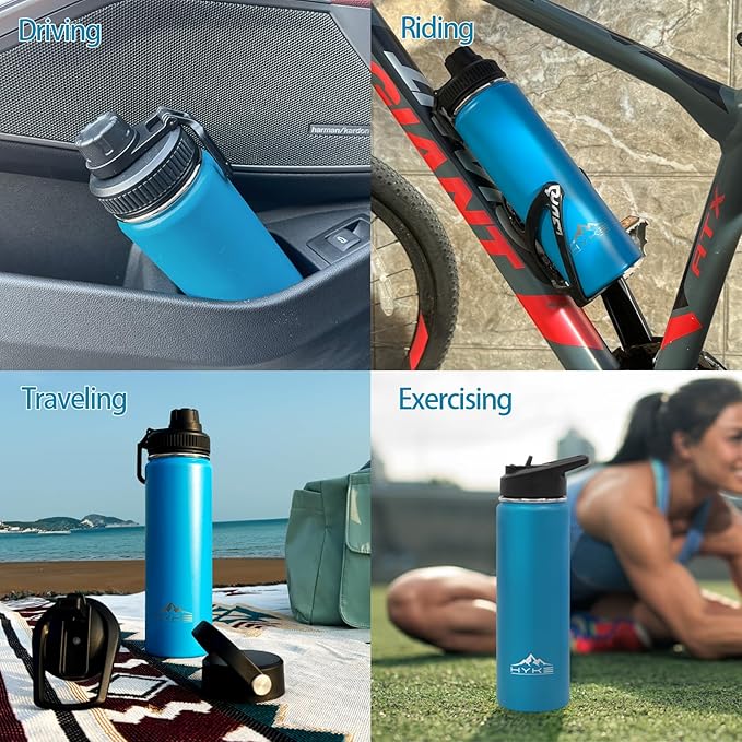 24oz Insulated Water Bottle–Vacuum Stainless Steel Bottle with Straw, Spout, Handle, 3 Lids–Leak Proof, BPA Free, Fits Cup Holders–Metal Thermos for Hiking, Gym, Car, Bike （Light Blue）