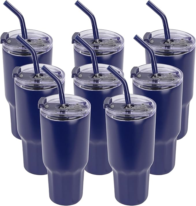 VEGOND 30 oz Insulated Stainless Steel Tumblers with lid and straw Bulk Pack Double Wall Vacuum Coffee Mug with Non-Slip Silicone Base, Sweat Proof Powder Coated Cup for Hot Cold Drinks, Navy 8Pack