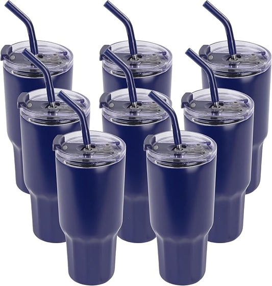 VEGOND 30 oz Insulated Stainless Steel Tumblers with lid and straw Bulk Pack Double Wall Vacuum Coffee Mug with Non-Slip Silicone Base, Sweat Proof Powder Coated Cup for Hot Cold Drinks, Navy 8Pack