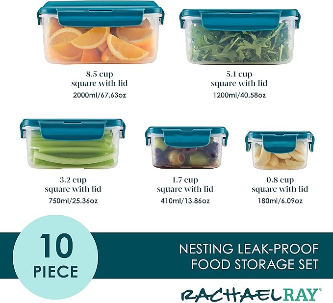 Rachael Ray Leak-Proof Nestable Container Food Storage Bin Set, 10-Piece Square, Teal Lid
