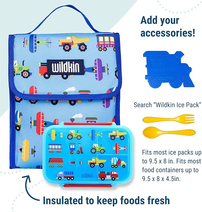 Wildkin Kids Insulated Lunch Bag – Reusable, Ideal for Hot/Cold Snacks, School & Travel - Trains, Planes and Trucks