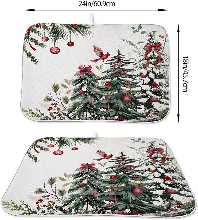 Christmas Dish Drying Mat 18 x 24 inch Winter Christmas Tree Pine Trees Decorative Drying Mats Microfiber Absorbent Xmas Decor Dish Washable Draining Mat for Kitchen Counter
