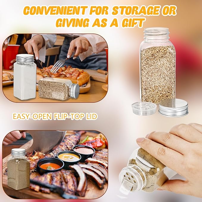 20 Pack 6 oz Plastic Spice Jars with Metal Lids Reusable Salt Pepper Shaker with Lids Clear Empty Square Spice Containers Seasoning Bottles for Kitchen Storage