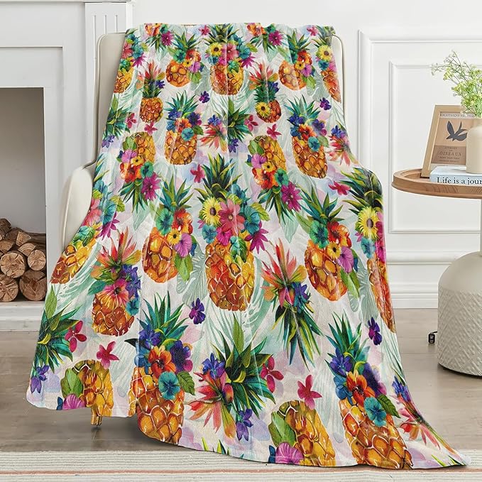 Pineapple Floral Blanket with Tropical Fruit and Flower Throw Blankets Lightweight Flannel Throws for Camping Couch Chair Office Bed Home Summer Decor Gifts for Adults,80x60inch