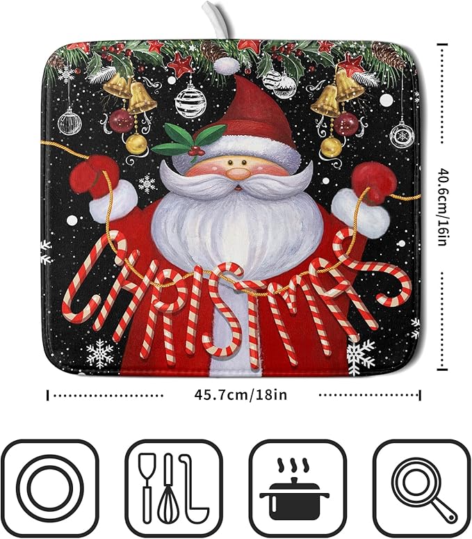 Christmas Dish Drying Mat for Kitchen Counter Santa Claus Winter Snowflake Xmas Jingle Bells Dishes Pad Dish Drainer Rack Mats Absorbent Fast Dry Kitchen Accessories,16 x 18 inch