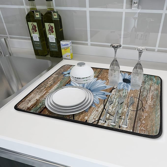 Rustic Daisy Dish Drying Mat for Kitchen Countertop 18x24 inch Blue Sunflowers on Wooden Board Dish Drainer Mats Fast Drying Country Vintage Style Shabby Chic Flower Dish Drying Pad Decor Large