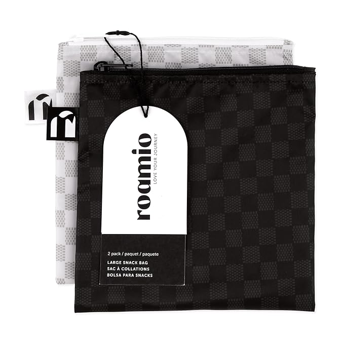 Roamio Reusable Sandwich and Snack Bags, for Kids School Lunch and for Adults Portion, Washable Fabric, Waterproof Cloth Zip Bag, Travel Pouch, Food-Safe Storage, Large 2-pk Black Check and Off White