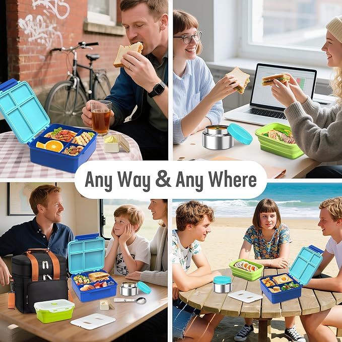 Adult Lunch Box Set Insulated Leakproof Meal Prep Kit with 4-Compartment, Thermo for Hot&Cold Food, Lunchbox Containers for Men&Women, Lunch Cooler Bag with Ice Pack for Work Camping Daytrip(Blue)