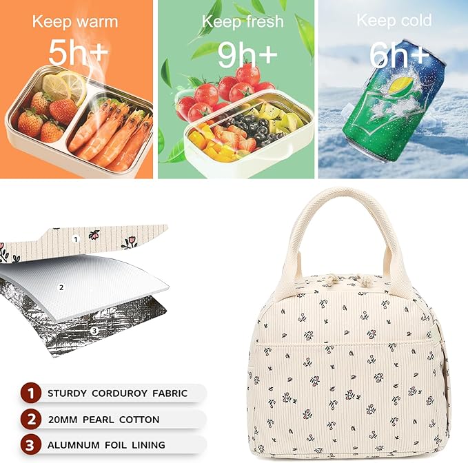 Bluboon Lunch Bag for Women Men Cute Corduroy Lunch Tote Bags Reusable Insulated Lunch Box Large Capacity Reusable Insulated Cooler for Work Picnic or Travel