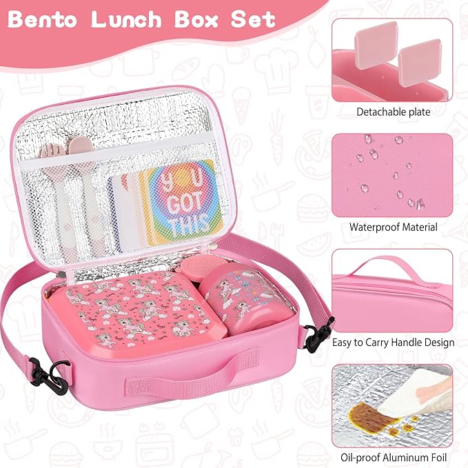 Bento Lunch Box for Kids with 12oz Soup Thermo Leak-Proof Lunch Food Container with 5 Compartment Thermo Hot Food Jar and Insulated Lunch Bag for Kid Toddler Girls Boys to School