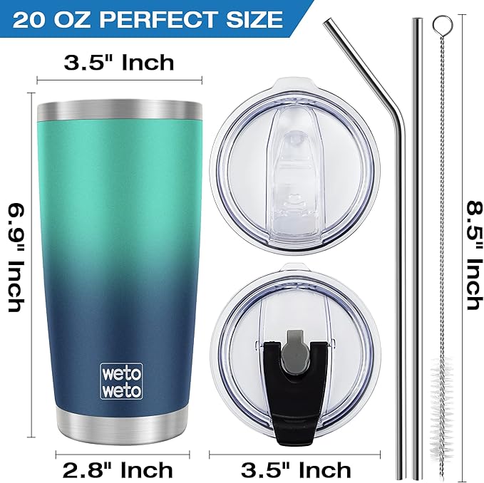WETOWETO 20oz Insulated Stainless Steel Tumbler, Coffee Tumbler with 2 lids and 2 straws, Double Wall Vacuum Travel Coffee Mug, Powder Coated Leak-Proof Tumbler Cup (Green-Blue Gradient,1 Pack)