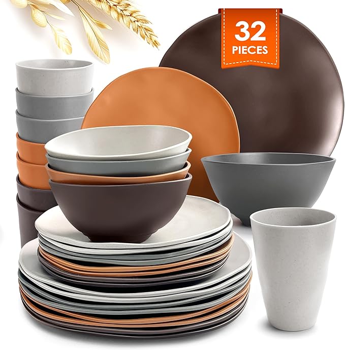 Teivio 32-Piece Kitchen Plastic Wheat Straw Dinnerware Set, Service for 8, Dinner Plates, Dessert Plate, Cereal Bowls, Cups, Unbreakable Plastic Outdoor Camping Dishes, Smoky Brown