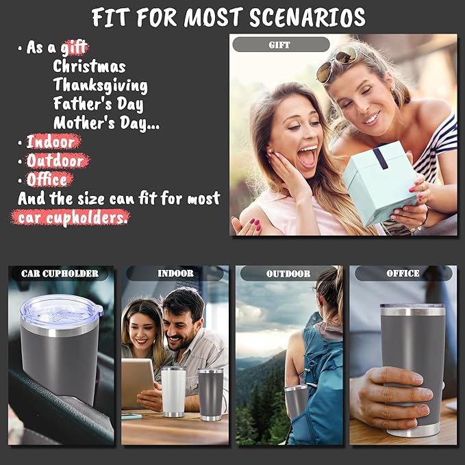 20 oz Tumbler with lid Double Wall Vacuum Insulated Tumblers Stainless Steel Coffee Mug Travel Coffee Tumbler Powder Coated Tumbler Cup Keep Hot&Cold - (Grey 12 Pack)