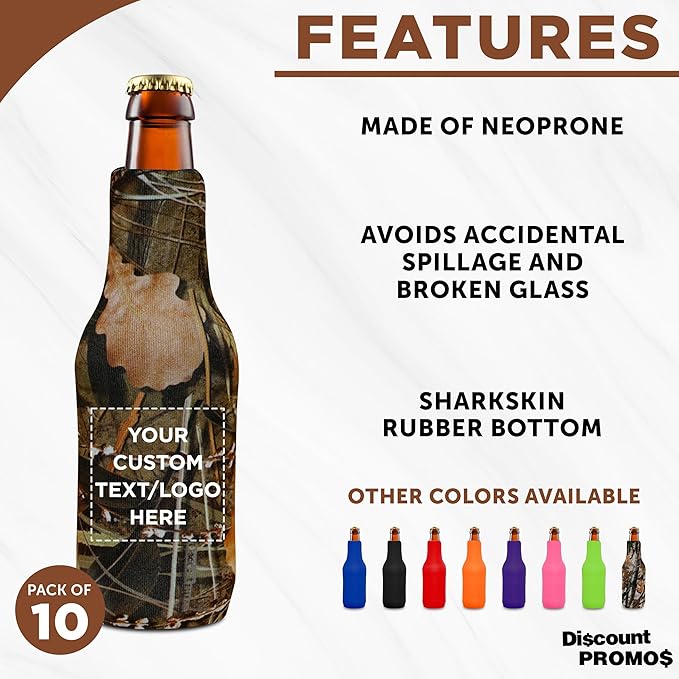10 Neoprene Zippered Beer Bottle Coolies Pack - Customizable Text, Logo - Sharkskin Rubber Bottom - Camo4