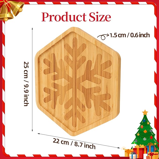 TJ POP Christmas Bamboo Serving Tray – Snowflake Shape – Decorative Sercing Platter for Holiday Snacks & Sweets – Winter Table & Kitchen Decor