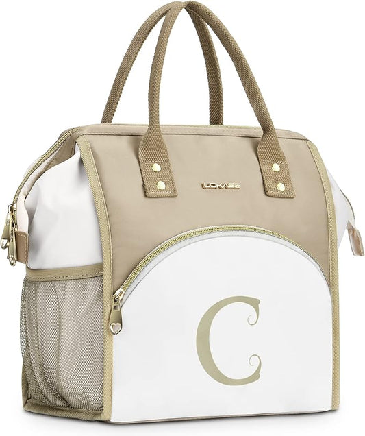 Personalized Lunch Box for Women, Reusable Insulated Lunch Bag, Wide-Open Adult Lunchbox Cooler Lunchbag Snack Organizer, Initial Leakproof Lunch Tote Bag for Picnic Work Outdoors, C