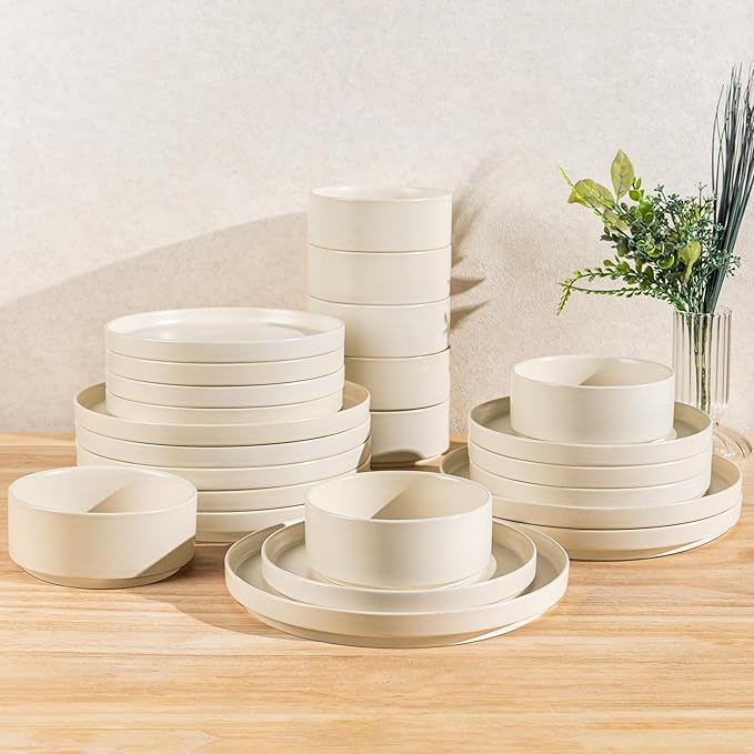 TheTerra Ceramic Dinnerware Sets for 8, 24 Pieces Handmade Reactive Glaze Plates and Bowls Set, Scratch Resistant Dish Set, Oven & Microwave & Dishwasher Safe, Ice Cream
