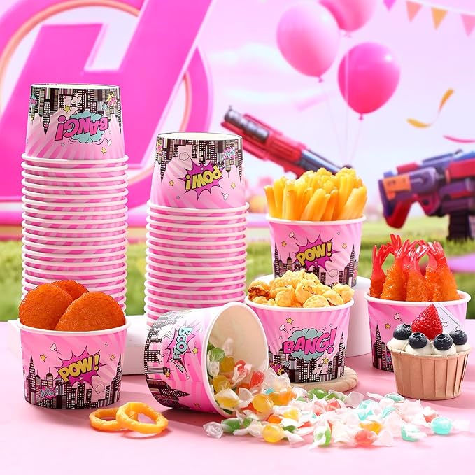 50 Pack Pink Hero Treat Snack Cups Girl Pink Comic Hero Ice Cream Cups 9 oz Super Theme Disposable Dessert Bowls Paper Soup Bowls for Hot or Cold Food for Birthday Baby Shower Party Supplies