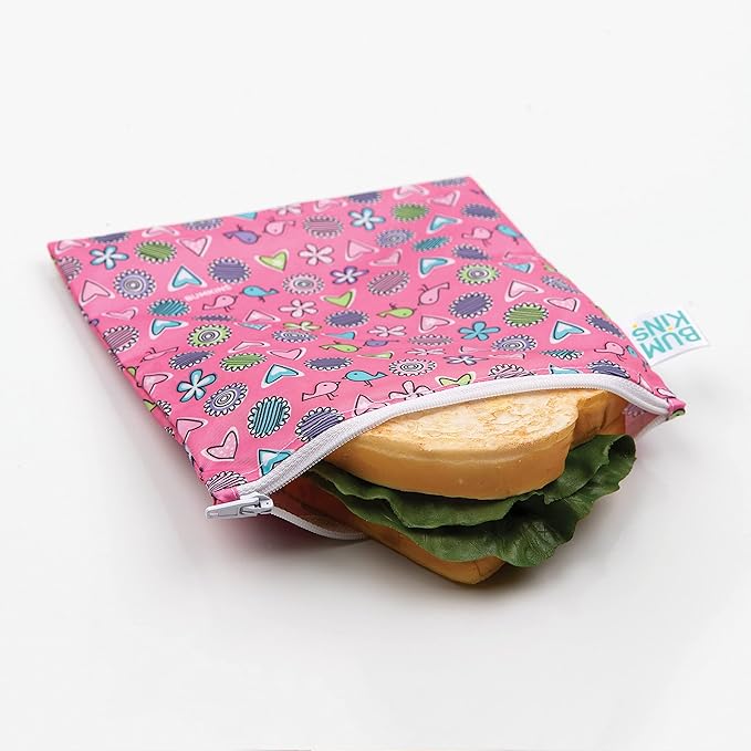 Bumkins Reusable Sandwich and Snack Bags, for Kids School Lunch and for Adults Portion, Washable Fabric, Waterproof Cloth Zip Bag, Travel Pouch, Food-Safe Storage, Large, Love Birds Pink