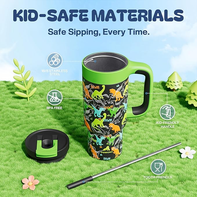 24 oz Kids Tumbler with Straw for Boys: Leakproof, Cold for 26 Hrs, Hot for 10 Hrs, Durable Handle, Insulated Stainless Steel Cup for Daycare, School, Classroom, Playtime, Birthday, Gift (Dino Rawr）