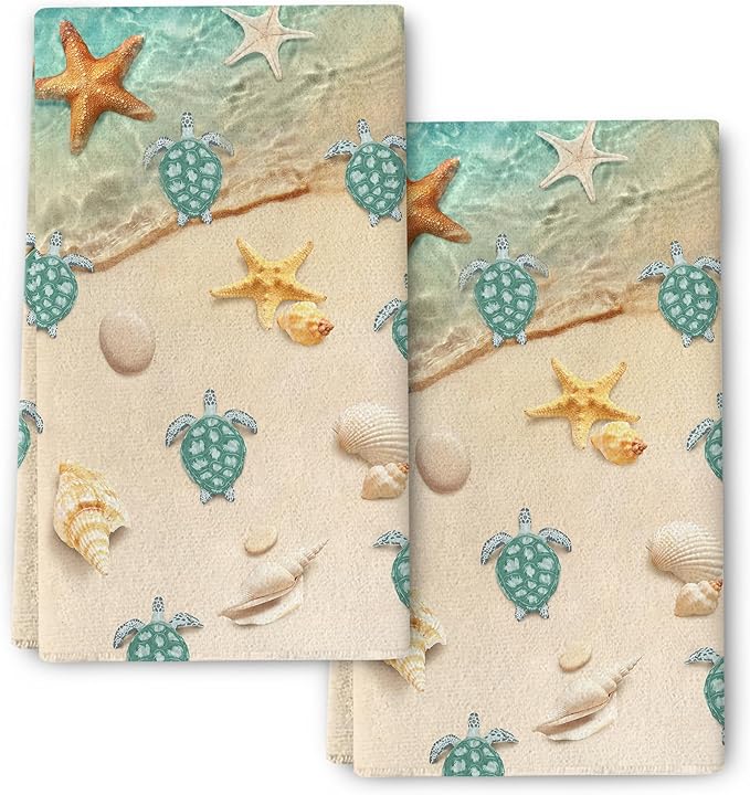 Sea Turtles Beach Kitchen Towels Decorative Set of 2 Teal Nautical Coastal Hand Towels for Kitchen Bathroom Bar Absorbent Dish Clothes Summer Ocean Themed Holiday Decor 16x24 Inch