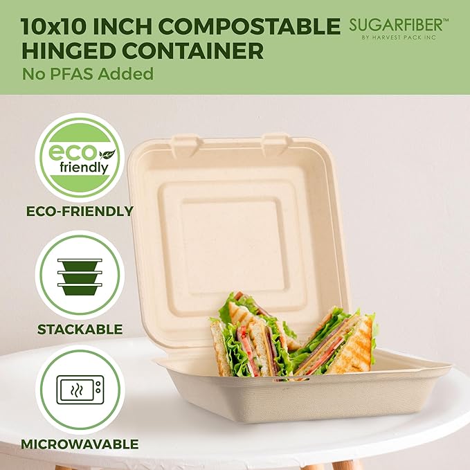 [200 COUNT]Sugarfiber by Harvest Pack PFAS FREE 10 X 10" Compostable Clamshell Food Containers, Heavy-Duty Hinged Container, Disposable Bagasse Eco-Friendly Natural Takeout to go Box