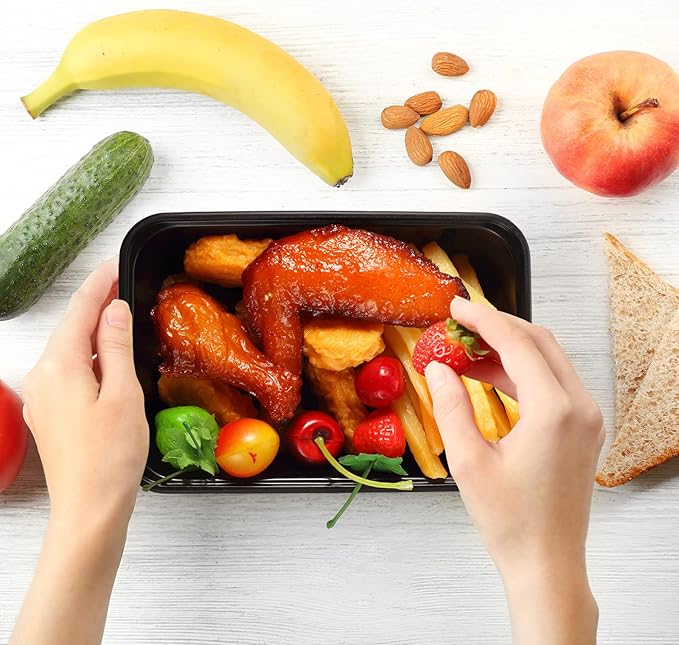 Sawysine 100 Pcs Plastic Meal Prep Containers Food Storage Containers Reusable Lunch Bowls with Lid Stackable Disposable Lunch Boxes 1 Compartment Bento Box(Black,26 oz)