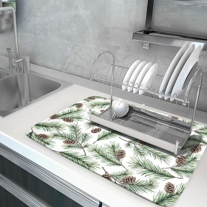 Winter Dish Drying Mat for Kitchen Counter Pine Needle Cone Festival Xmas Microfiber Absorbent Dish Draining Reusable Washable Foldable Extra Large 18"x24"