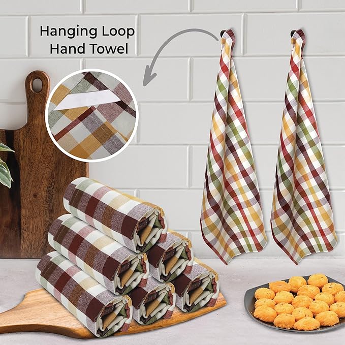 Urban Villa Fall Kitchen Towels Harvest Checks Dish Towels Set of 6 20" X30” 100% Cotton Highly Absorbent Quick Drying Dish Cloths & Dish Towels Thanks Giving Tea Towels with Hanging Loop Bar Towels