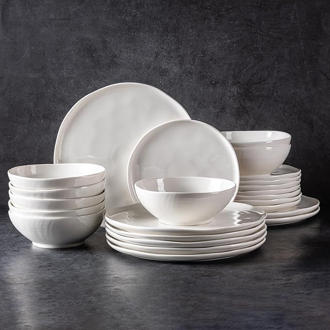 LERATIO Ceramic Dinnerware Sets for 8,Porcelain Plates and Bowls Sets with Wavy Edge, Oven &Microwave & Dishwasher &Safe,Light Weight & Scratch Resistant Dishes Sets-Service for 8 (24pcs) Peal White