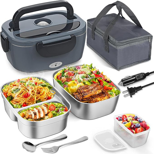 Vingud Electric Lunch Box for Adults, Heated Lunch Box with 2 Stainless Steel Container, 1.5L Portable 80W Food Warmer Lunch Box for Car/Truck/Work/Home Men, 110V/12V/24V/240V